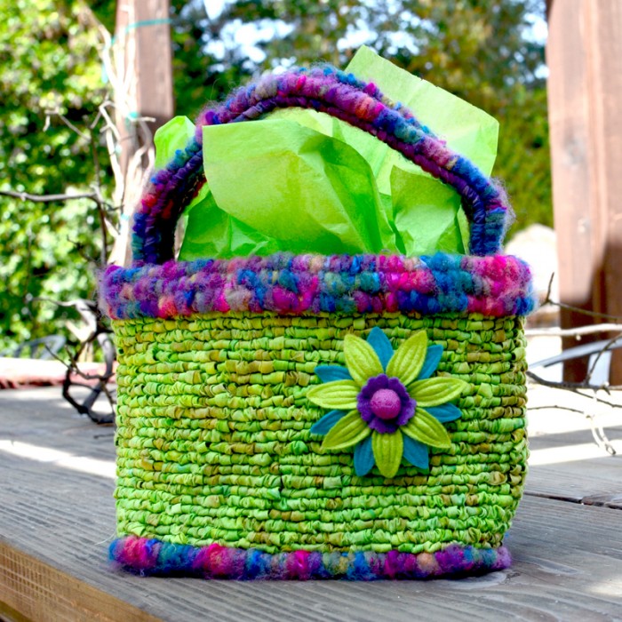 Easter basket in fabric and yarn--featured in "Hook, Loop, & Lock" book.